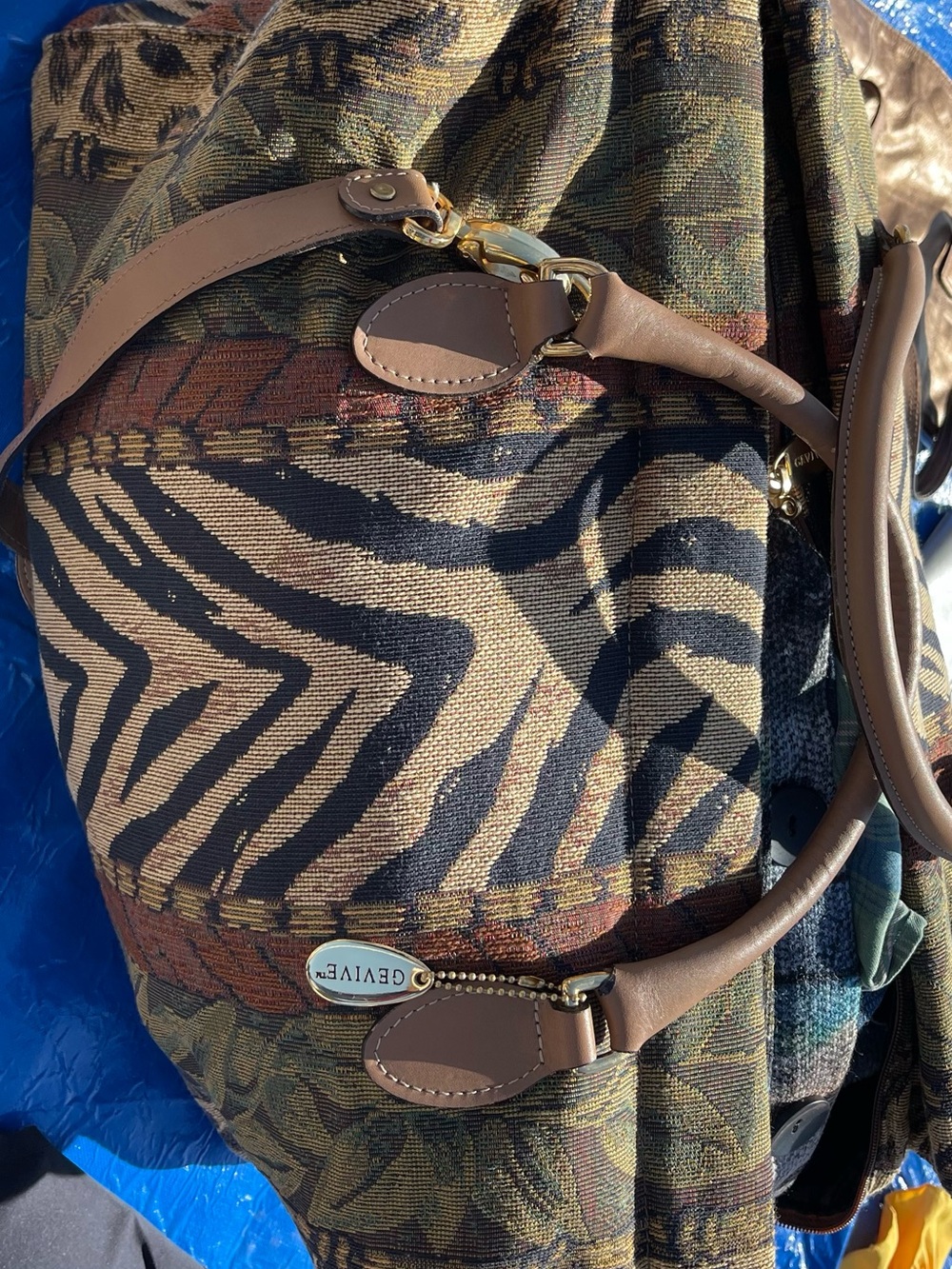 Brown Zebra-Print Tote Bag with Leather Trim